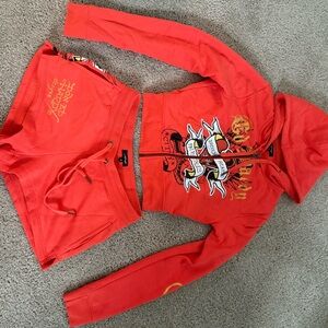 Women Orange Ed Hardy Graphic Hoodie and Shorts Set